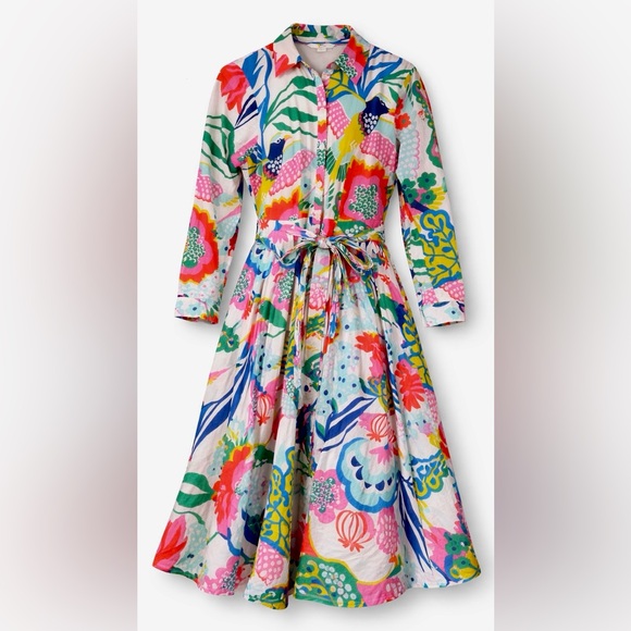 Boden Whimsical Colorful Floral Bird Print Tie Waist Shirt Midi Dress - Picture 2 of 11